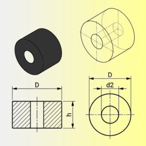 Rubber anti-vibration spacer washers with through-hole - Smooth through-hole. Fastening washers. Rubber suspension buffers - Cylindrical rubber spacer buffers with through-hole. Perforated rubber damping discs.